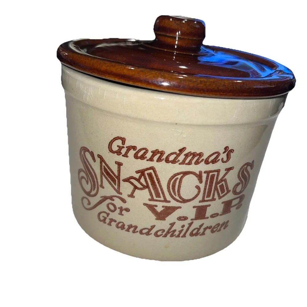 Vintage Stoneware Crock Grandma's Snacks for VIP Grandchildren Cookie Jar